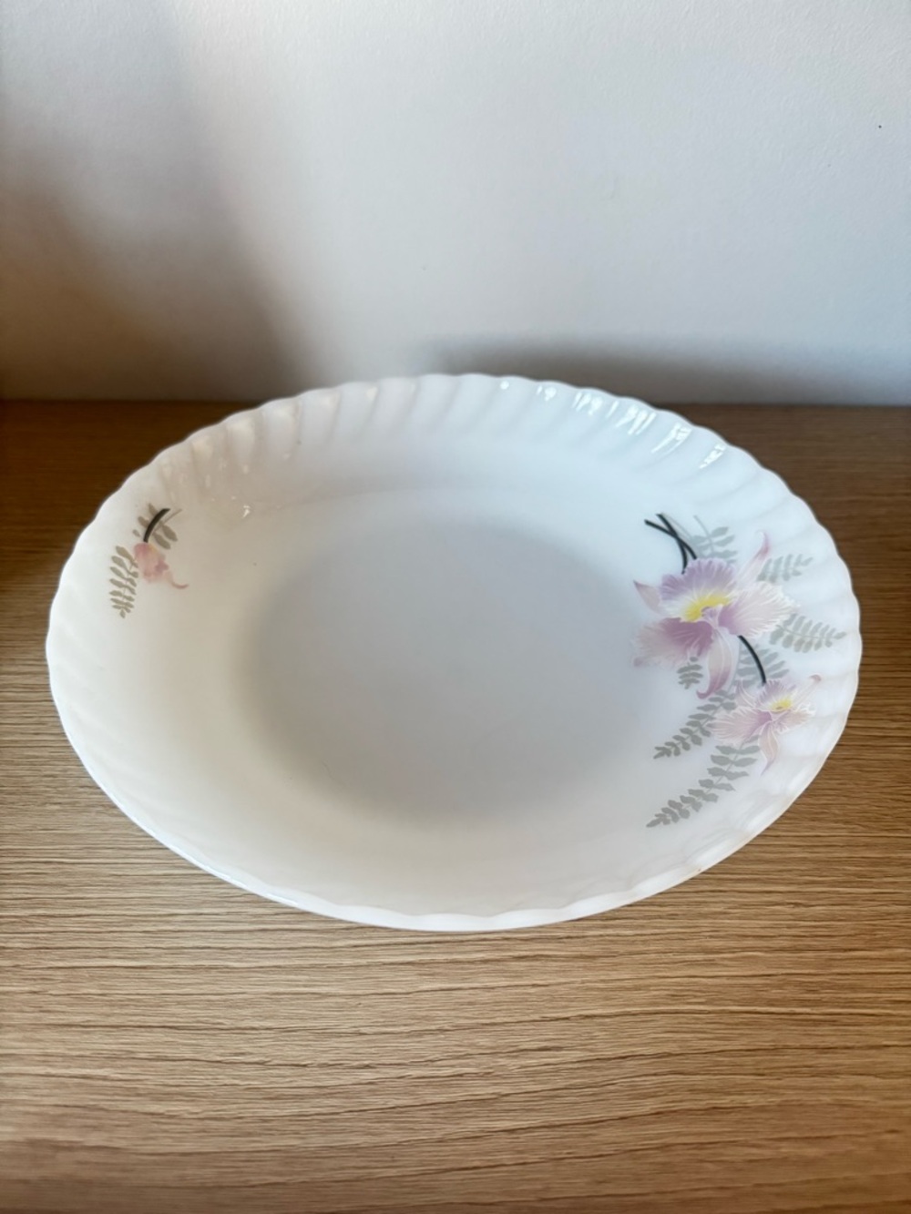 White Glass Serving Bowl with Pink Floral Accents